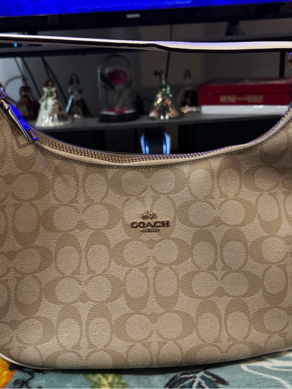 Coach Small Shoulder Bag in Beige Signature Jacquard